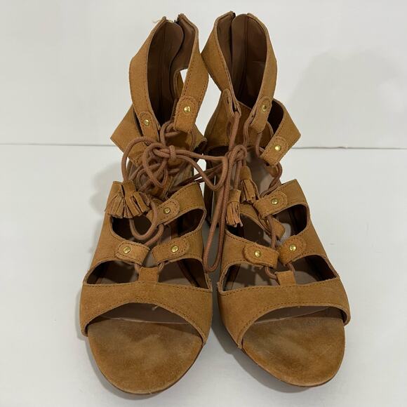Stradivarius Lace Up Block Heels Camel Brown & Gold Size 38 - Picture 3 of 7